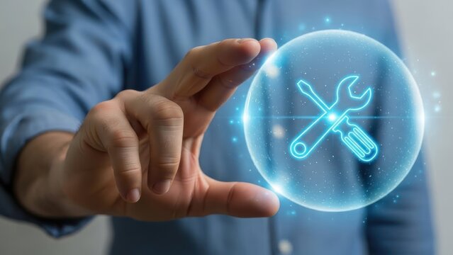 Hand interacting with glowing digital sphere containing tools icon.