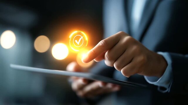Faceless businessman showing online document validation icon interface quality assessment management checklist business evaluation process market data report analysis