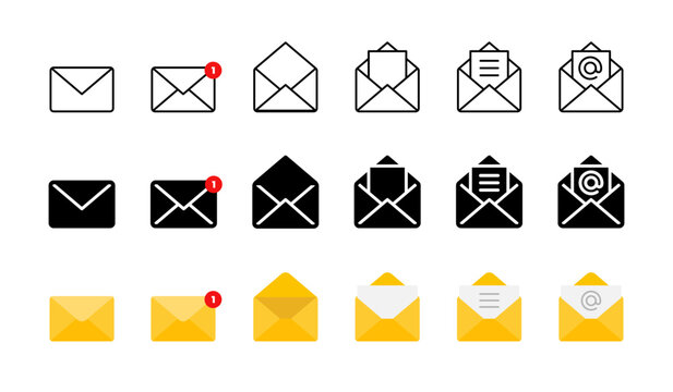 Message icon set. Closed, open and notification envelopes in outline, solid and colored styles vector. Email message set for inbox, documents, contacts and postal communication tasks sign. - Powered by Adobe