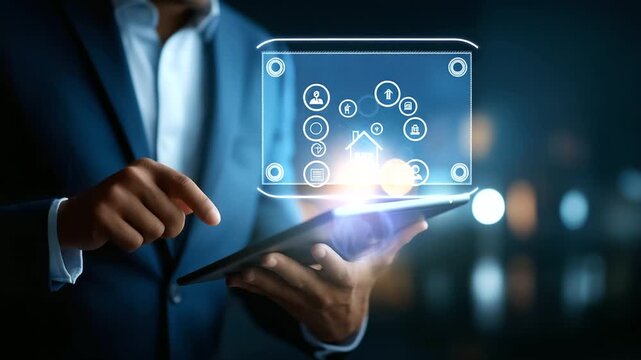 Faceless businessman using digital tablet with virtual property documents interface checklist icons overlay real estate technology online mortgage platform smart contract - Powered by Adobe