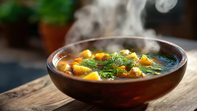 Hearty fish soup in rustic bowl with dill and potatoes, steam rising, homestyle comfort food, wooden table, with copy space