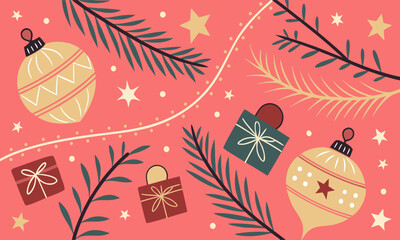 Festive Christmas Ornaments and Pine Branches Seamless Pattern  Holiday Gift Boxes, Stars, Winter Decorations, Cozy Christmas Background Design