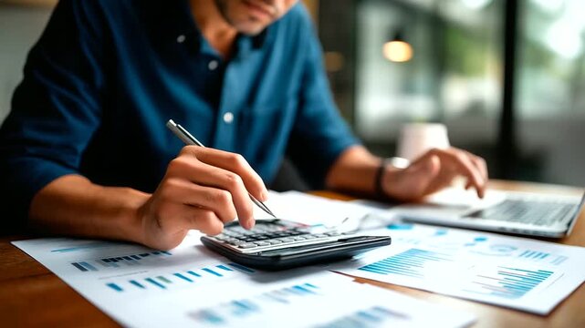 Faceless businessman analyzing financial charts documents with calculator and laptop at office desk accounting concept investment planning strategy corporate finance management - Powered by Adobe