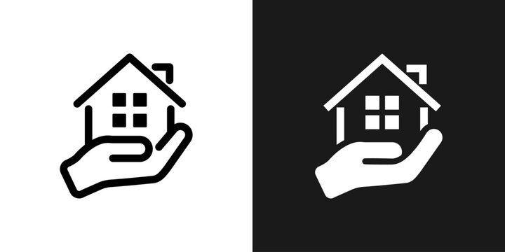 Home icon. Hand holding house vector illustration. Real-estate protection symbol for insurance, mortgage services sign. Safe property care pictogram concept. House logo.