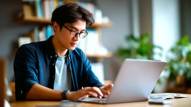 Faceless young Asian man working on laptop at home office desk books plants in defocused background remote work concept freelance business lifestyle digital nomad work from