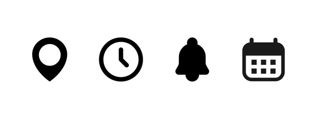 Obraz na płótnie Canvas Solid clock, bell and calendar icons for event planning vector illustration. Reminder and navigation elements symbol. Schedule and date management sign. Modern interface concept.
