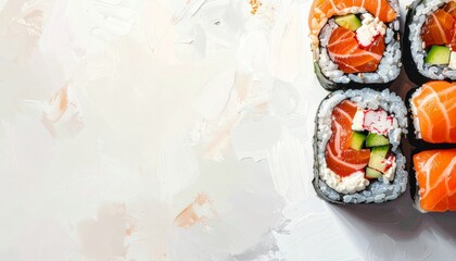 Colorful sushi rolls rest on a light surface, showcasing culinary artistry and fresh ingredients, indulgence, elegance. Illustration isolated with free space for text.