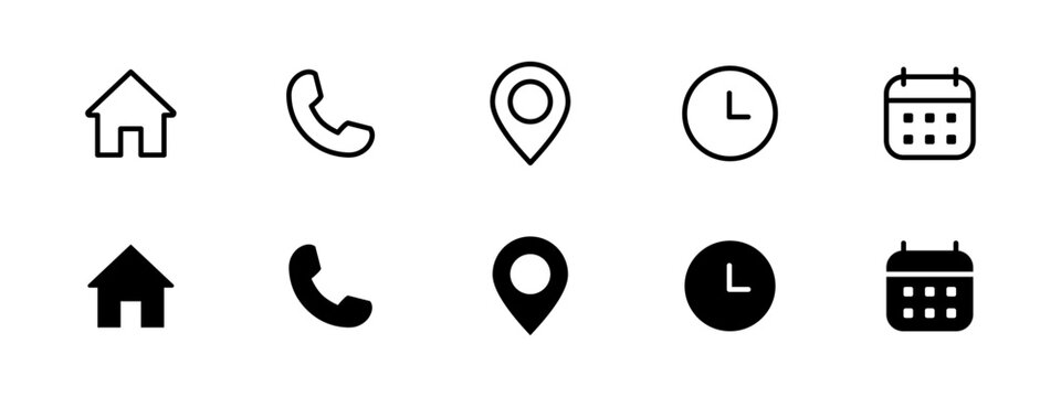 Interface icon set. Phone receiver, home, location pin, clock and calendar elements form a clean contact vector illustration. Navigation and scheduling symbol. Call and visit planning sign.