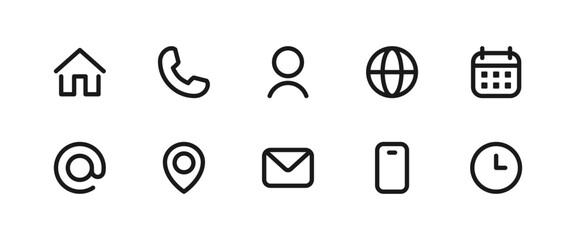Fototapeta na wymiar Contact icon set. Home, phone, user, globe, email, calendar and location elements form a clean communication vector illustration. Mobile and message symbol. Interface details sign.