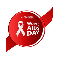 World AIDS Day (1st December) featuring the white awareness ribbon symbol on a red circle, promoting global HIV/AIDS awareness and support. Available as vector, JPG, and high-resolution PNG file.