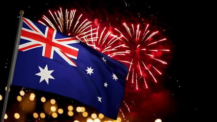 Australian flag waving with fireworks in the background. National celebration, Independence Day, or Australia Day concept.