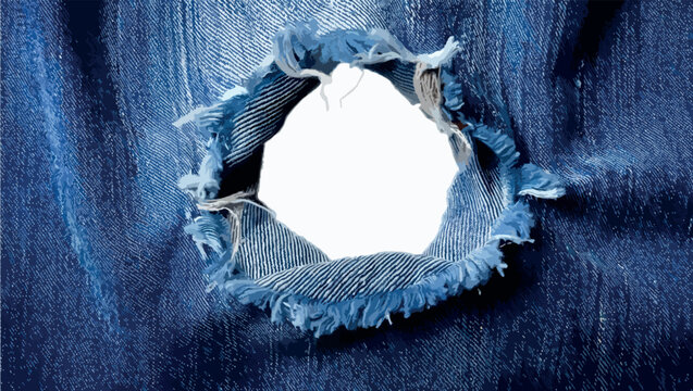Vector of torn blue denim fabric with a large frayed hole revealing a blank white background. Detailed texture of distressed jeans, perfect for fashion design, textile concepts, and creative layouts.