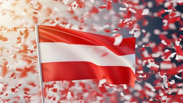 Austrian flag flying with confetti celebrating national holiday. Patriotism, political event, and victory concept.