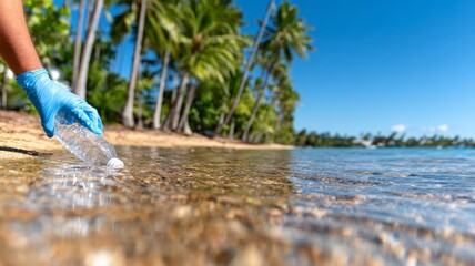 Hand in blue gloves picking up a plastic bottle from the shoreline on a tropical beach