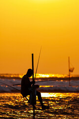 traditional stilt fishermen of sri Lanka fishing at sunset