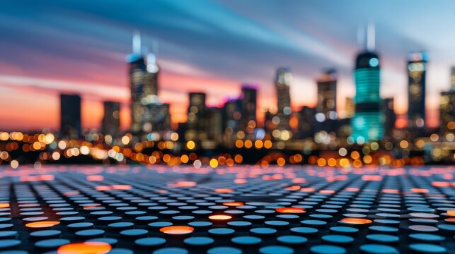 Futuristic glowing grid in the foreground with a blurred modern city skyline illuminated at sunset - Powered by Adobe
