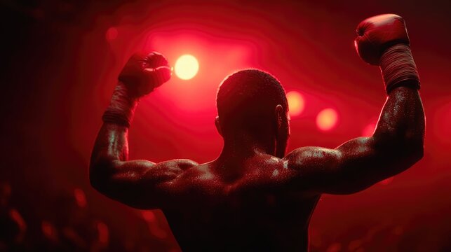 Strong Boxer Celebrating Victory Under Red Stage Lights - Powered by Adobe