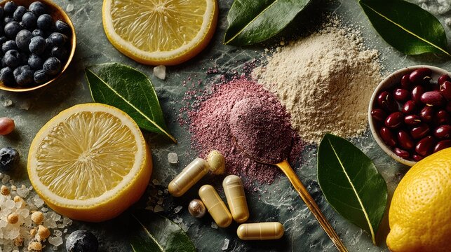 Assorted Nutrient-Dense Powders, Capsules, and Superfoods with Fresh Lemon Slices