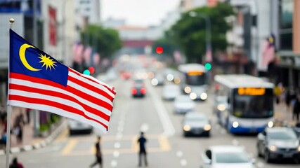Malaysia flag waved on a pole with a blurred city street a background. National identity symbol and patriotic celebration.