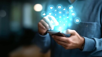 Social media digital online concept faceless man using smartphone with social media icons online marketing interface technology communication chat messaging post like follow - Powered by Adobe