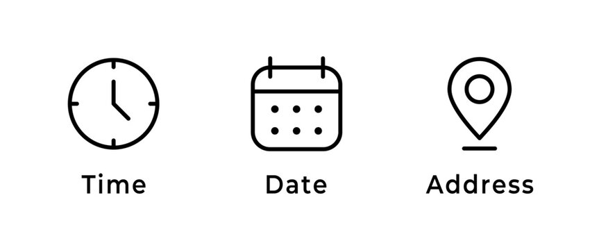 Time, date and address icon. Clock, calendar and location elements for scheduling vector illustration. Useful date and address details for navigation symbol. Clean minimal layout for interface sign.