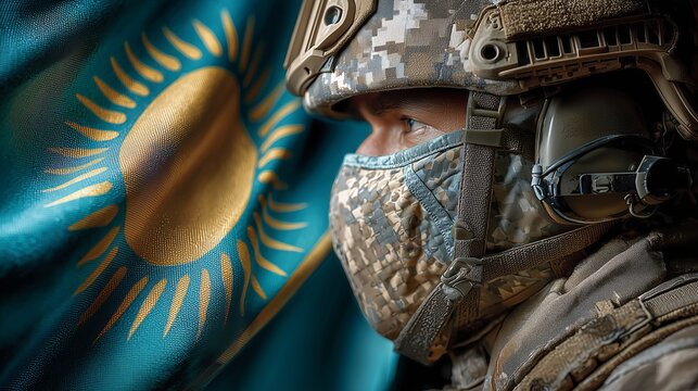 A soldier in camouflage gazes resolutely, the Kazakh flag reflected in his helmet, symbolizing duty and patriotism. The image conveys strength, focus, and national pride.