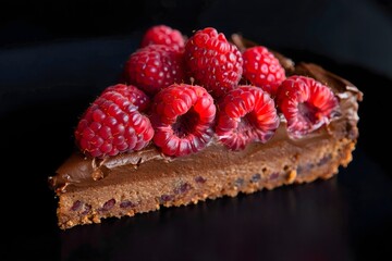 Raspberry Chocolate Tart Slice on Black Background
