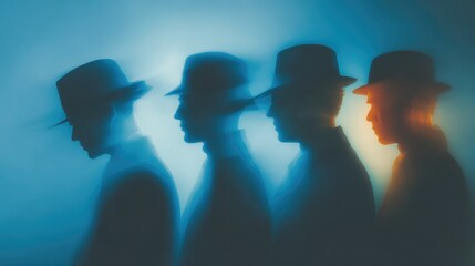 Stylized Men in Hats Moving Through Cinematic Misty Blue Light