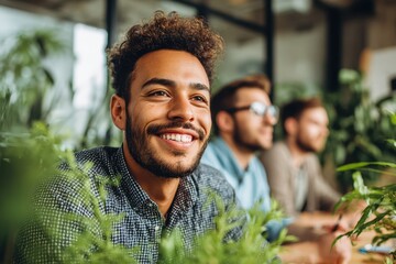 A close-up of an African man smiling, engaged in a brainstorming session with multiracial colleagues, surrounded by green plants and eco-friendly materials, bright natural lighting