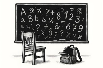 Black-and-white line drawing of classroom scene with blackboard full of symbols, wooden chair, and backpack. Ideal for education, editorial, and institutional design.