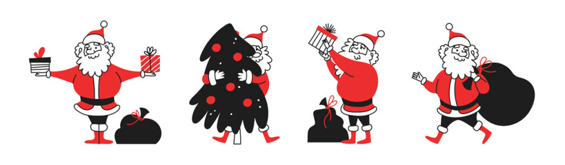 Doodle Set of funny Santa Clauses. Gifts and Christmas tree for New Year. Linear color vector illustration