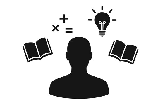 Black-and-white line drawing of human head surrounded by books, math symbols, lightbulb. Ideal for education, science, and conceptual design projects.