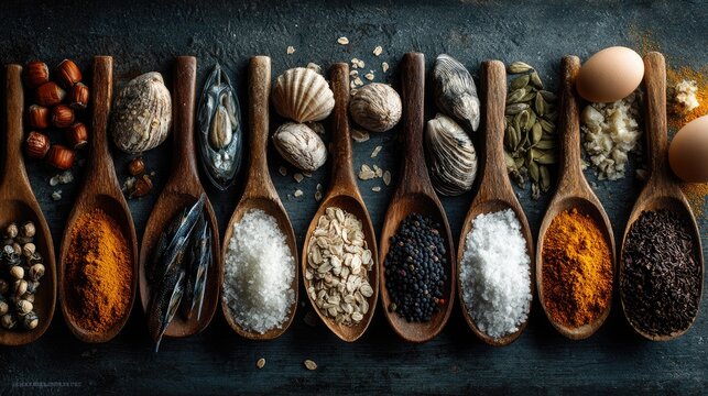 Variety of Grains, Spices and Seafood Arranged in Wooden Spoons