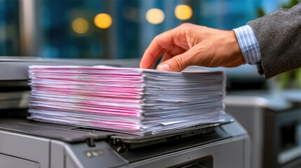 Worker Sorting Colorful Printed Documents on Office Copier Machine