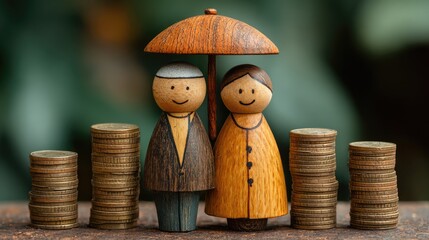 Wooden Family Figurines Under Umbrella with Stacked Coins Symbolizing Protection