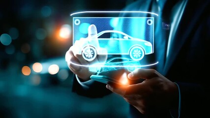 Faceless businessman using futuristic digital interface with electric vehicle EV technology hologram innovation visualization battery system management charging station - Powered by Adobe