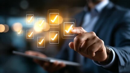 Faceless businessman presenting online document validation icon interface quality assessment management checklist business evaluation process market data report analysis consul - Powered by Adobe