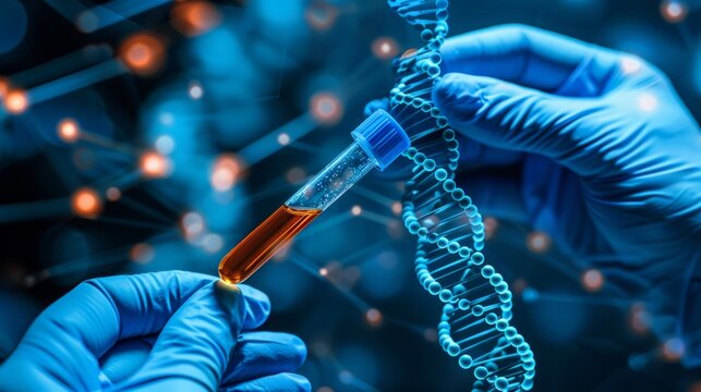 Scientist with medical vials conducting pharmaceutical research on dna sequencing for virus cure