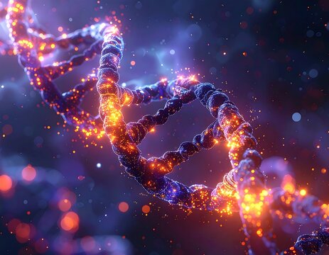 Glowing, twisting DNA structure with orange highlights against a blurry purple and blue background - Powered by Adobe
