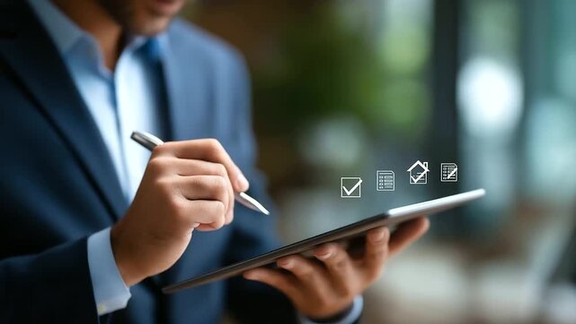 Faceless businessman using digital tablet with virtual property documents interface checklist icons overlay real estate technology online mortgage platform smart contract - Powered by Adobe