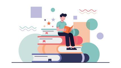 Modern Flat Education Concept with Student Reading on Stacked Books