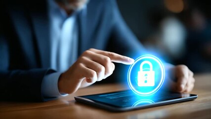 Close up faceless businessman using digital tablet with holographic security lock icon cybersecurity data protection concept encryption technology AI security system online - Powered by Adobe