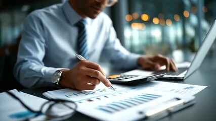 Faceless businessman analyzing financial charts reports with calculator and laptop at professional office desk accounting work investment planning corporate finance analysis - Powered by Adobe
