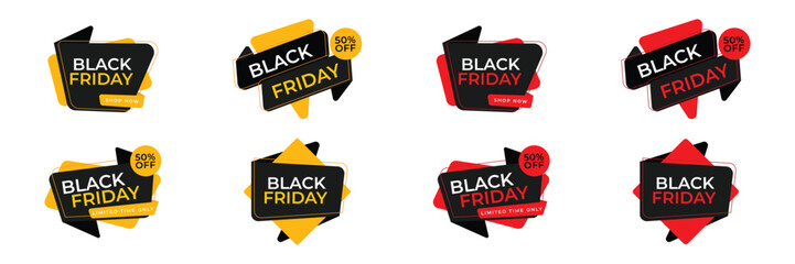 Black Friday discount badges with dynamic shapes and bold promotional style.
