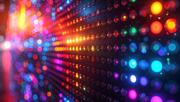 Glowing wall of colorful bokeh lights in a repeating pattern, vibrant and blurred at varying depths of field - Powered by Adobe