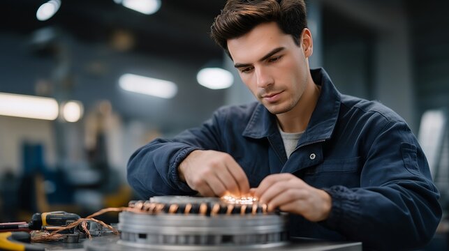 A mechanic inspecting a disassembled electric motor on a stainless-steel workbench, copper windings glowing under workshop lights as precision tools surround the workspace — motor engineering,