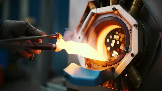 Medium shot of a skilled technician using precise temperature controls to evenly heat a metal workpiece during annealing for improved softness and ductility.