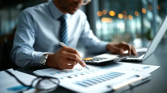 Faceless businessman analyzing financial charts reports with calculator and laptop at professional office desk accounting work investment planning corporate finance analysis