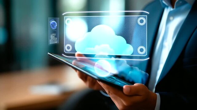 Faceless businessman using digital tablet to manage files via cloud system document management DMS interface digital data sharing platform cloud backup technology file transfer
