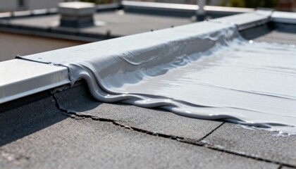 Medium shot capturing the application of elastomeric roof coating demonstrating its flexible durable layer adapting to roof movements.